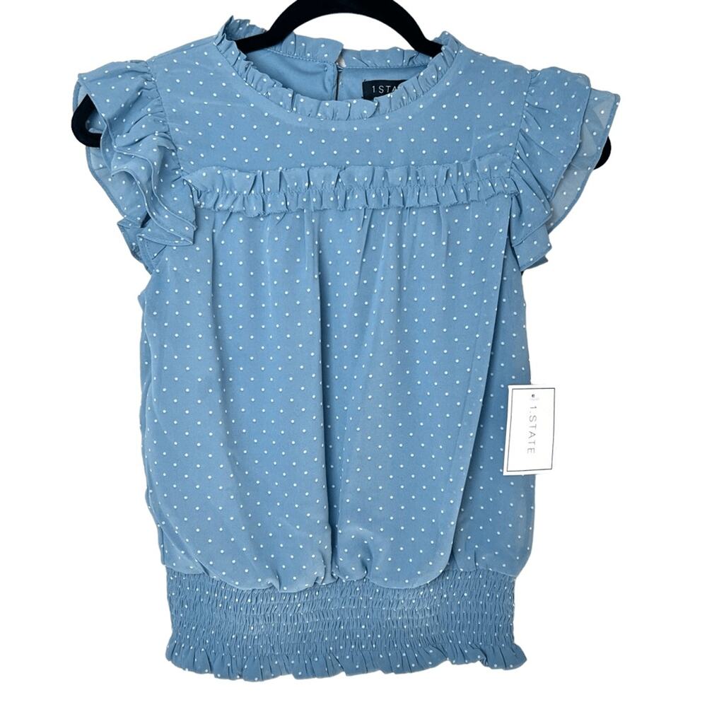 NWT 1.State Ruffle Sleeve Smocked Blue White Polka Dot Sleeveless Blouse Sz XS